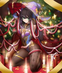 Rule 34 | 1girl, arms behind head, arms up, bell, black legwear, box, candle, cheogtanbyeong, christmas lights, christmas ornaments, christmas tree, coin, full body, genshin impact, gift, gift box, green eyes, hat, highres, jingle bell, leotard, mona (genshin impact), postcard, witch hat
