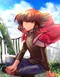 Rule 34 | black shirt, blue pants, brown eyes, brown hair, closed mouth, cloud, day, duel academy uniform (yu-gi-oh! gx), floating hair, hair between eyes, hands on feet, indian style, jacket, jacket on shoulders, long hair, long sleeves, looking at viewer, male focus, multicolored hair, open clothes, open jacket, outdoors, pants, red jacket, shirt, sitting, sk816, smile, solo, two-tone hair, yu-gi-oh!, yu-gi-oh! gx, yuki judai
