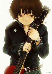 Rule 34 | 1girl, alternate costume, artist name, belt, black belt, blue sailor collar, blue shirt, brown eyes, brown hair, closed mouth, commentary request, cowboy shot, expressionless, green pants, guitar, hair ornament, highres, holding, holding guitar, holding instrument, instrument, iwakura lain, pants, ranm12s, sailor collar, serial experiments lain, shirt, shirt tucked in, short hair, solo, spikes, v-neck, watch, white background, wide sleeves, wristwatch, x hair ornament