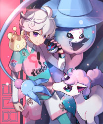 Rule 34 | 1boy, bede (pokemon), closed mouth, collared shirt, commentary request, creatures (company), curly hair, dynamax band, galarian form, galarian ponyta, game freak, gen 8 pokemon, gloves, great ball, hatterene, highres, holding, holding poke ball, milcery, nintendo, nou (nounknown), poke ball, pokemon, pokemon (creature), pokemon swsh, purple eyes, shirt, short sleeves, shorts, side slit, side slit shorts, silver hair, single glove, smile