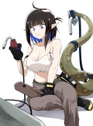 Rule 34 | 1girl, absurdres, ahoge, arknights, bare shoulders, black hair, blue eyes, blue hair, blunt bangs, breasts, camisole, closed mouth, crop top, drawdrawdeimos, eunectes (arknights), eunectes (forgemaster) (arknights), gas pump nozzle, gloves, highres, multicolored hair, navel, official alternate costume, pants, pointy ears, short hair, snake tail, solo, tail, two-tone hair, welding mask