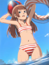 Rule 34 | 1girl, akinbo (hyouka fuyou), armpits, arms up, bad id, bad pixiv id, ball, beachball, bikini, blue eyes, blunt bangs, brown hair, clariskrays, cloud, cowboy shot, crotch, day, dutch angle, eyelashes, flat chest, from below, gradient background, hime cut, innertube, long hair, looking at viewer, navel, open mouth, outdoors, partially submerged, phantasy star, phantasy star online 2, skindentation, sky, solo, standing, striped bikini, striped clothes, swim ring, swimsuit, thigh gap, thighs, wading, water, wet