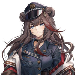 Rule 34 | 1girl, animal ears, arknights, blue eyes, blue shirt, choker, douya (233), hat, jacket, looking at viewer, military, military hat, military uniform, multicolored hair, off shoulder, official alternate costume, peaked cap, red hair, shirt, simple background, solo, two-tone hair, uniform, white background, zima (arknights), zima (ready to go) (arknights)