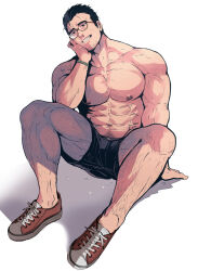 Rule 34 | 1boy, abs, bara, black hair, black shorts, facial hair, glasses, highres, large pectorals, male focus, muscular, muscular male, navel, nipples, original, pectorals, red footwear, rybiok, short hair, shorts, simple background, sitting, smile, solo, teeth, topless male, white background