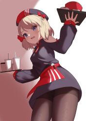 Rule 34 | 1girl, absurdres, apron, azur lane, bare shoulders, beret, black dress, black pantyhose, blonde hair, bow, breasts, cleavage cutout, clothing cutout, cup, disposable cup, dress, drinking straw, hat, highres, holding, holding tray, indoors, long sleeves, looking at viewer, medium breasts, official alternate costume, open mouth, pantyhose, purple eyes, red bow, rock zinc, shadow, short hair, solo, tray, waist apron, z23 (azur lane), z23 (fries and smiles!) (azur lane)