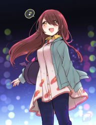 Rule 34 | 1girl, bag, blue cardigan, blush, breasts, brown hair, buttons, cardigan, collared shirt, commentary request, denim, dot nose, dress, flip (diiolive), gradient background, hair between eyes, hair over one eye, handbag, highres, idolmaster, idolmaster shiny colors, jeans, long hair, long sleeves, looking afar, medium breasts, multicolored background, multicolored clothes, multicolored dress, musical note, open mouth, osaki tenka, pants, shirt, sidelocks, signature, sleeves past wrists, smile, solo, speech bubble, spoken musical note, white dress, yellow eyes, yellow shirt
