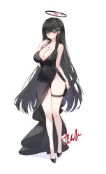 Rule 34 | 1girl, absurdres, alternate costume, ash (cat7evy), black dress, black footwear, black hair, blue archive, blush, breasts, cleavage, commentary, covered navel, dress, english commentary, groin, halo, highres, large breasts, long hair, looking at viewer, red eyes, rio (blue archive), signature, simple background, solo, straight hair, thigh strap, very long hair, white background