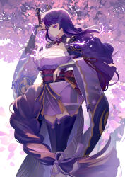 Rule 34 | 1girl, ainy, armor, back bow, black gloves, blue thighhighs, bow, bowtie, branch, breasts, cherry blossoms, closed mouth, electricity, fingerless gloves, floral print, flower, gem, genshin impact, gloves, gold trim, hair ornament, hair ribbon, hands up, highres, holding, holding sword, holding weapon, japanese clothes, kimono, large breasts, long hair, long sleeves, looking at viewer, mitsudomoe (shape), musou isshin (genshin impact), off shoulder, pink flower, purple bow, purple eyes, purple gemstone, purple hair, purple kimono, purple ribbon, purple sash, raiden shogun, red bow, red bowtie, red ribbon, ribbon, sash, shoulder armor, solo, standing, sword, tassel, teeth, thighhighs, tomoe (symbol), tree, weapon, white background, wide sleeves