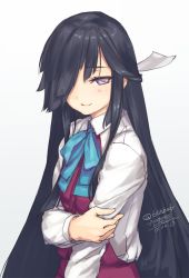 Rule 34 | 10s, 1girl, black hair, dated, hair over one eye, hair ribbon, hayashimo (kancolle), kantai collection, long hair, purple eyes, ribbon, rokuwata tomoe, simple background, smile, solo, twitter username, white background