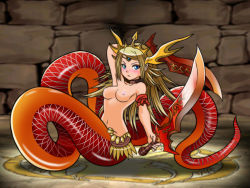 Rule 34 | 1girl, arm up, armband, blonde hair, blue eyes, blush, breasts, choker, circlet, crown, dual wielding, echidna (p&amp;d), holding, jewelry, lamia, long hair, lots of jewelry, mochi mame, monster girl, navel, nipples, nude, puzzle &amp; dragons, solo, sword, weapon