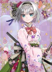 Rule 34 | 1girl, alternate costume, animal print, black hairband, blue eyes, border, bow, bowtie, butterfly print, closed mouth, commentary request, floral print, floral print kimono, flower, frilled hairband, frills, grey hair, hair flower, hair ornament, hairband, highres, holding, holding sword, holding weapon, inset border, japanese clothes, jewelry, katana, kimono, konpaku youmu, light blush, long sleeves, looking at viewer, multiple swords, necklace, obi, ornate border, pearl necklace, pink kimono, print bow, print bowtie, purple flower, red bow, red bowtie, red flower, sash, sheath, shironeko yuuki, short hair, smile, solo, sword, touhou, unsheathing, weapon, wide sleeves