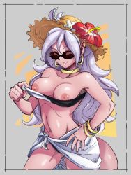 Rule 34 | 1girl, android 21, bikini, breasts, colored skin, dragon ball, dragon ball fighterz, earrings, hat, highres, jewelry, majin android 21, nipples, pink skin, solo, squiish, strapless, strapless bikini, straw hat, sunglasses, swimsuit, tail, white hair