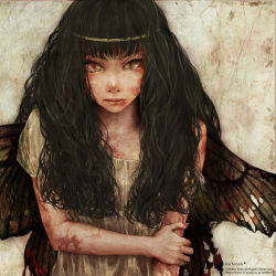 Rule 34 | 1girl, black hair, blood, butterfly wings, enta shiho, face, insect wings, lips, long hair, original, slit pupils, solo, torn clothes, wings, wreath, yellow eyes