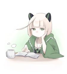 Rule 34 | 1girl, absurdres, abyssal bamboo princess, abyssal ship, blunt bangs, book, closed mouth, colored skin, cup, elbow rest, gradient background, green eyes, headgear, highres, kantai collection, ma rukan, mug, pale skin, sailor collar, school uniform, serafuku, short hair, simple background, solo, steam, upper body, white hair, white skin