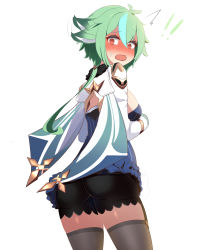 Rule 34 | !, !!, 1girl, absurdres, animal ears, aqua hair, artist request, ass, bike shorts, black shorts, blush, breasts, cape, coat, dress, embarrassed, from behind, genshin impact, glasses, green hair, highres, long hair, looking at viewer, looking back, low ponytail, multicolored hair, open mouth, shiny clothes, shiny skin, short dress, short shorts, shorts, sideboob, solo, sucrose (genshin impact), sweatdrop, thighhighs, two-tone hair, very long hair, yellow eyes