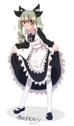 Rule 34 | 10s, 1girl, alternate costume, anchovy (girls und panzer), apron, black dress, black footwear, black ribbon, character name, chawan (yultutari), collared dress, dress, drill hair, english text, enmaided, flying sweatdrops, frilled dress, frills, full body, girls und panzer, green hair, hair between eyes, hair ribbon, highres, long hair, long sleeves, looking at viewer, maid, maid apron, mary janes, medium dress, pantyhose, parted lips, red eyes, ribbon, shoes, skirt hold, solo, standing, sweatdrop, twin drills, twintails, white pantyhose