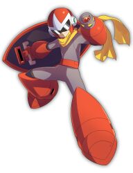Rule 34 | 1boy, android, arm cannon, bodysuit, boots, closed mouth, commentary, english commentary, gloves, grey bodysuit, helmet, highres, holding, holding shield, looking at viewer, male focus, mega man (classic), mega man (series), mixed-language commentary, proto man, red footwear, red gloves, red headwear, robot ears, scarf, shield, shoutaro saito, simple background, smile, solo, sunglasses, weapon, white background, yellow scarf