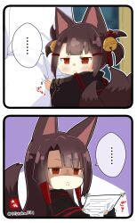 Rule 34 | ..., 1boy, 2girls, 2koma, :&lt;, akagi-chan (azur lane), akagi (azur lane), animal ears, arm hug, azur lane, bell, black hair, blunt bangs, bow, comic, commander (azur lane), commentary request, eyeshadow, fox ears, fox girl, fox tail, hair bell, hair bow, hair ornament, hair ribbon, hair tubes, hairclip, holding, holding paper, hug, japanese clothes, jealous, jingle bell, kitsune, kyuubi, long hair, long sleeves, looking at viewer, makeup, military, military uniform, mini person, minigirl, multiple girls, multiple tails, naval uniform, out of frame, paper, red eyes, ribbon, sidelocks, signature, silent comic, size difference, tail, taisa (kari), translation request, twitter username, uniform, wide sleeves