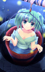 Rule 34 | 1girl, angel koman, bare shoulders, blue eyes, blue hair, breasts, bucket, cleavage, collarbone, fireflies, grass, hair bobbles, hair ornament, highres, in bucket, in container, kisume, looking at viewer, matching hair/eyes, nanairo fuusen, night, off shoulder, outdoors, rope, short hair, smile, solo, touhou, twintails, water, well