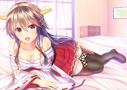 Rule 34 | 1girl, :d, bare shoulders, black footwear, black hair, blush, boots, breasts, brown eyes, cleavage, detached sleeves, hair ornament, hairclip, haruna (kancolle), headgear, indoors, kantai collection, large breasts, long hair, looking at viewer, lying, miyazaki yukichi, nontraditional miko, on stomach, open mouth, pleated skirt, red skirt, sarashi, skirt, smile, solo, thigh boots, thighhighs