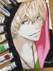 Rule 34 | 1boy, absurdres, art tools in frame, artist name, barcode, black jacket, blonde hair, collarbone, commentary request, green shirt, hair between eyes, highres, hood, hood up, hooded jacket, jacket, jewelry, kougs3, looking at viewer, male focus, necklace, ookami shoujo to kuro ouji, open clothes, open jacket, paint tube, paintbrush, painting (medium), paper, parted lips, partial commentary, pen, photo (medium), pink jacket, portrait, red eyes, sata kyouya, shirt, short hair, solo, t-shirt, traditional media, two-sided fabric, two-sided jacket, watercolor (medium)