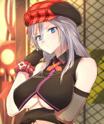 Rule 34 | 10s, 1girl, alisa ilinichina amiella, bare shoulders, black gloves, blue eyes, breasts, cleavage, fingerless gloves, gloves, god eater, hat, large breasts, long hair, looking at viewer, mob3, silver hair, solo, underboob, upper body