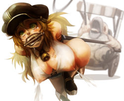 Rule 34 | 1girl, arms behind back, bare shoulders, bdsm, bell, bit gag, blacksmith (ragnarok online), blonde hair, blurry, blush, body writing, bondage, bound, breasts, chariot, cleavage, clenched teeth, collar, covered erect nipples, depth of field, drooling, gag, gagged, green eyes, hat, horse girl, houjicha, lactation, lactation through clothes, large breasts, leaning forward, long hair, neck bell, nipples, no bra, open mouth, pony play, projectile lactation, ragnarok online, role reversal, saliva, see-through, simple background, snot, solo focus, tears, teeth, torture, whip, white background, whitesmith (ragnarok online)