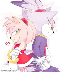 Rule 34 | 2girls, amy rose, animal ears, bad id, bad twitter id, blaze the cat, cat ears, cat girl, cat tail, dress, eyelashes, forehead jewel, fur-trimmed gloves, fur trim, furry, furry female, gloves, gold necklace, green eyes, hairband, heart, hedgehog girl, highres, jacket, jewelry, mikune19, multiple girls, necklace, pants, pink fur, ponytail, purple fur, purple jacket, red dress, red hairband, sonic (series), tail, white gloves, white pants, yellow eyes