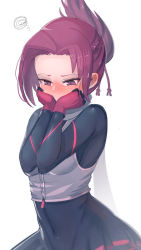 Rule 34 | 1girl, absurdres, at2., blush, bodysuit, covered navel, eyebrows, full-face blush, gloves, highres, kemurikusa, looking away, parted bangs, purple eyes, purple hair, red gloves, rin (kemurikusa), short hair, skin tight, solo
