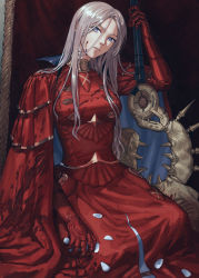 Rule 34 | 1girl, absurdres, armor, armored dress, axe, aymr (fire emblem), blood, blood on face, blood on clothes, cape, edelgard von hresvelg, fire emblem, fire emblem: three houses, gauntlets, hair down, head tilt, heroes relic (fire emblem), highres, holding, holding axe, huge filesize, long hair, looking at viewer, nintendo, oki xfourty, parted lips, petals, purple eyes, red cape, silver hair, sitting, solo