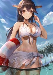 Rule 34 | 1girl, absurdres, bikini, bikini under clothes, black hair, blue sky, breasts, brown eyes, cleavage, cloud, commentary request, cowboy shot, day, from below, hairband, haruna (kancolle), headgear, highres, huge filesize, innertube, kantai collection, large breasts, long hair, looking at viewer, outdoors, palm tree, sarong, side-tie bikini bottom, sky, solo, swim ring, swimsuit, swimsuit under clothes, taki rentaro, tree, water, white bikini