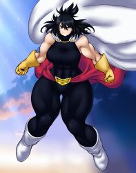 Rule 34 | 1girl, absurdres, bare shoulders, black eyes, black hair, boku no hero academia, boots, breasts, cape, floating, flying, gloves, highres, kyelyn, large breasts, long hair, looking at viewer, mole, mole under mouth, muscular, muscular female, shimura nana, sky, smile, solo, superhero costume, thick thighs, thigh gap, thighs, wide hips, yellow gloves