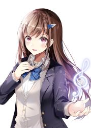 Rule 34 | 1girl, :d, black jacket, blazer, blouse, blue bow, blush, bow, braid, brown hair, cardigan, cocoa music, collared shirt, commentary request, diagonal stripes, doumyouji cocoa, dress shirt, earrings, fingernails, glowing, grey cardigan, hair ornament, hand up, highres, jacket, jewelry, long hair, long sleeves, looking at viewer, official art, open clothes, open jacket, open mouth, purple eyes, shiro kuma shake, shirt, simple background, smile, solo, striped, striped bow, stud earrings, treble clef, v-shaped eyebrows, very long hair, virtual youtuber, white background, white shirt