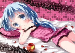 Rule 34 | 1girl, apple, bad id, bad pixiv id, blue eyes, blue hair, blush, camisole, child, dots, female focus, food, fruit, hatsune miku, lying, matching hair/eyes, on stomach, petals, romeo to cinderella (vocaloid), sleepwear, solo, tottsuan, vocaloid