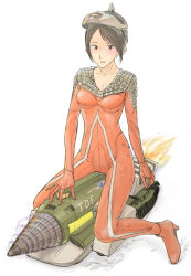 Rule 34 | 1girl, bad id, bad pixiv id, blush, bodysuit, brown eyes, giant, giantess, highres, magma riser, mecha, open mouth, personification, riding, robot, sex toy, sitting, solo, tmplus, tokusatsu, ultra series, ultraseven, ultraseven (series), vibrator