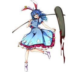 Rule 34 | 1girl, :d, ambiguous red liquid, animal ears, baba (baba seimaijo), blue hair, crescent, food, frilled skirt, frills, full body, highres, kine, mallet, mochi, open mouth, puffy short sleeves, puffy sleeves, rabbit ears, red eyes, seiran (touhou), shirt, shoes, short sleeves, skirt, smile, solo, star (symbol), star print, touhou, transparent background, wagashi