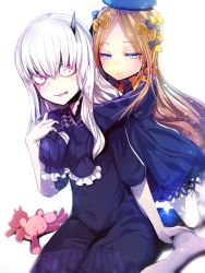 Rule 34 | 2girls, abigail williams (fate), black bow, black dress, black hat, blonde hair, blue eyes, bow, commentary request, dress, fate/grand order, fate (series), hair between eyes, hair bow, hands in opposite sleeves, hat, horns, hug, hug from behind, lavinia whateley (fate), long hair, long sleeves, looking at viewer, multiple girls, orange bow, polka dot, silly (marinkomoe), single horn, stuffed animal, stuffed toy, teddy bear, white hair