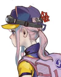 1girl animal_ear_headwear animal_ears animal_hat backpack bag baseball_cap cat_hat fake_animal_ears goggles goggles_on_headwear hat mossacannibalis mr._valve nape pink_hair ponytail purple_eyes purple_hat sidelocks simple_background solo steam_(platform) steam_delivery_girl valve white_background