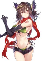 Rule 34 | 1girl, bad id, bad twitter id, bare shoulders, bikini, bikini under clothes, breasts, brown hair, buttons, closed mouth, commentary request, elbow gloves, gloves, hair ornament, highleg, highleg bikini, highres, kanpani girls, looking at viewer, medium breasts, navel, red eyes, red scarf, scarf, senri gan, serious, shiny clothes, short hair, short shorts, shorts, side-tie bikini bottom, simple background, solo, stomach, swimsuit, tattoo, unbuttoned, white background