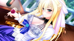 Rule 34 | 1girl, amasaka takashi, blonde hair, blush, breasts, chair, cleavage, cup, dress, game cg, green eyes, hair ribbon, huge breasts, long hair, looking at viewer, ribbon, sitting, smile, solo, table, unionism quartet, wince, yurifina sol ereanoruto