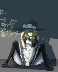 Rule 34 | 1girl, bad id, bad pixiv id, blonde hair, braid, dress, female focus, hat, highres, kirisame marisa, pantyhose, shoes, sitting, smile, solo, spread legs, star (symbol), touhou, witch, witch hat, yellow eyes, zwefg