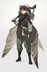 Rule 34 | &gt;:(, 1girl, asterisk kome, bird tail, bird wings, boots, brown hair, commentary request, green pants, grey background, gun, hat, highres, long hair, low wings, military, pants, rifle, simple background, sks, solo, standing, tagme, tail, traditional clothes, v-shaped eyebrows, weapon, white hat, winged fusiliers, wings
