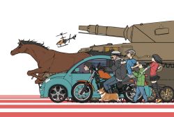 Rule 34 | 2girls, 3boys, aircraft, animal, bad id, bad pixiv id, black hair, blonde hair, braid, braided ponytail, breasts, car, caterpillar tracks, commentary request, controller, dog, furukawa herzer, glasses, hat, helicopter, helmet, horse, military, military vehicle, motor vehicle, motorcycle, multiple boys, multiple girls, nengajou, new year, open mouth, original, panzer iv, panzer iv, remote control, short hair, smile, tank, tongue, tongue out, vehicle focus, volkswagen, volkswagen beetle, white background