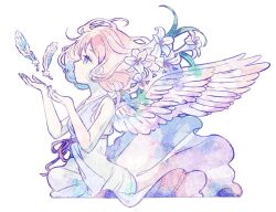 Rule 34 | 1girl, commentary request, cropped torso, cupping hands, dress, falling feathers, feathered wings, feathers, flower, from side, hair flower, hair ornament, highres, kazamati soyoka, looking at object, object floating above hand, original, own hands together, pastel colors, pink flower, profile, simple background, solo, waist ribbon, white background, wings