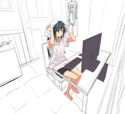 Rule 34 | 10s, 1girl, alternate costume, armpit peek, barefoot, bed, bike shorts, black hair, brown eyes, clothes hanger, collarbone, computer, computer tower, door, drying, drying hair, haruna (kancolle), unworn headwear, indoors, kantai collection, keyboard (computer), leon (mikiri hassha), light switch, long hair, monitor, partially colored, perspective, shirt, solo, towel, unfinished, wet, wet hair, white shirt