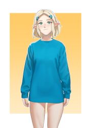 Rule 34 | 1girl, blonde hair, blue sweater, breasts, green eyes, highres, long sleeves, looking at viewer, nintendo, pointy ears, pomelomelon, princess zelda, short hair, small breasts, smile, solo, standing, sweater, the legend of zelda, the legend of zelda: tears of the kingdom, thighs, yellow background