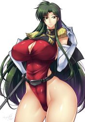Rule 34 | 1girl, absurdres, artist name, breasts, cima garahau, cleavage, cleavage cutout, clothing cutout, curvy, gloves, green hair, grey eyes, gundam, gundam 0083, haganef, highres, large breasts, long hair, looking to the side, solo, spread lips, thick thighs, thighs, very long hair, white gloves, zeon