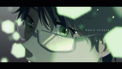 Rule 34 | 1boy, chibi ake, close-up, copyright name, eye focus, from side, glasses, green eyes, green theme, grey-framed eyewear, grey background, highres, letterboxed, light particles, looking at viewer, male focus, mikumo osamu, portrait, signature, solo, world trigger