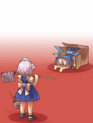 Rule 34 | 2girls, all fours, barefoot, bloomers, blue dress, blue hair, bow, box, bucket, cardboard box, circled 9, cirno, dress, female focus, gradient background, hair bow, ice, ice wings, in box, in container, izayoi sakuya, maid, maid headdress, mop, multiple girls, phantasmagoria of flower view, sankuma, short hair, silver hair, touhou, underwear, wings