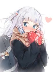 Rule 34 | 1girl, bag, black jacket, bloom, bloop (gawr gura), blue eyes, blunt bangs, blush, bow, box, brown scarf, bubba (watson amelia), commentary, gawr gura, gift, gift box, hair ornament, heart, heart-shaped box, highres, holding, holding box, hololive, hololive english, jacket, long hair, looking at viewer, multicolored hair, nose blush, pink bow, plaid, plaid scarf, scarf, seboneko, shark hair ornament, shoulder bag, silver hair, simple background, sleeves past wrists, solo, streaked hair, two side up, upper body, valentine, virtual youtuber, white background